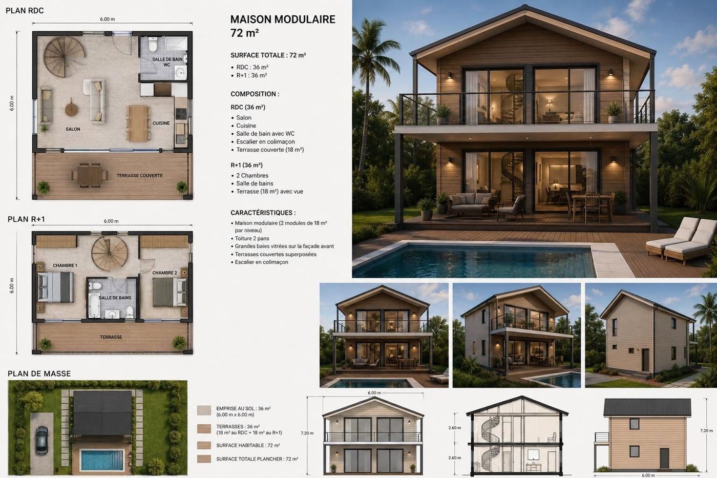 Plans et vues 3D de la maison modulaire de 72 m² à étage avec terrasses